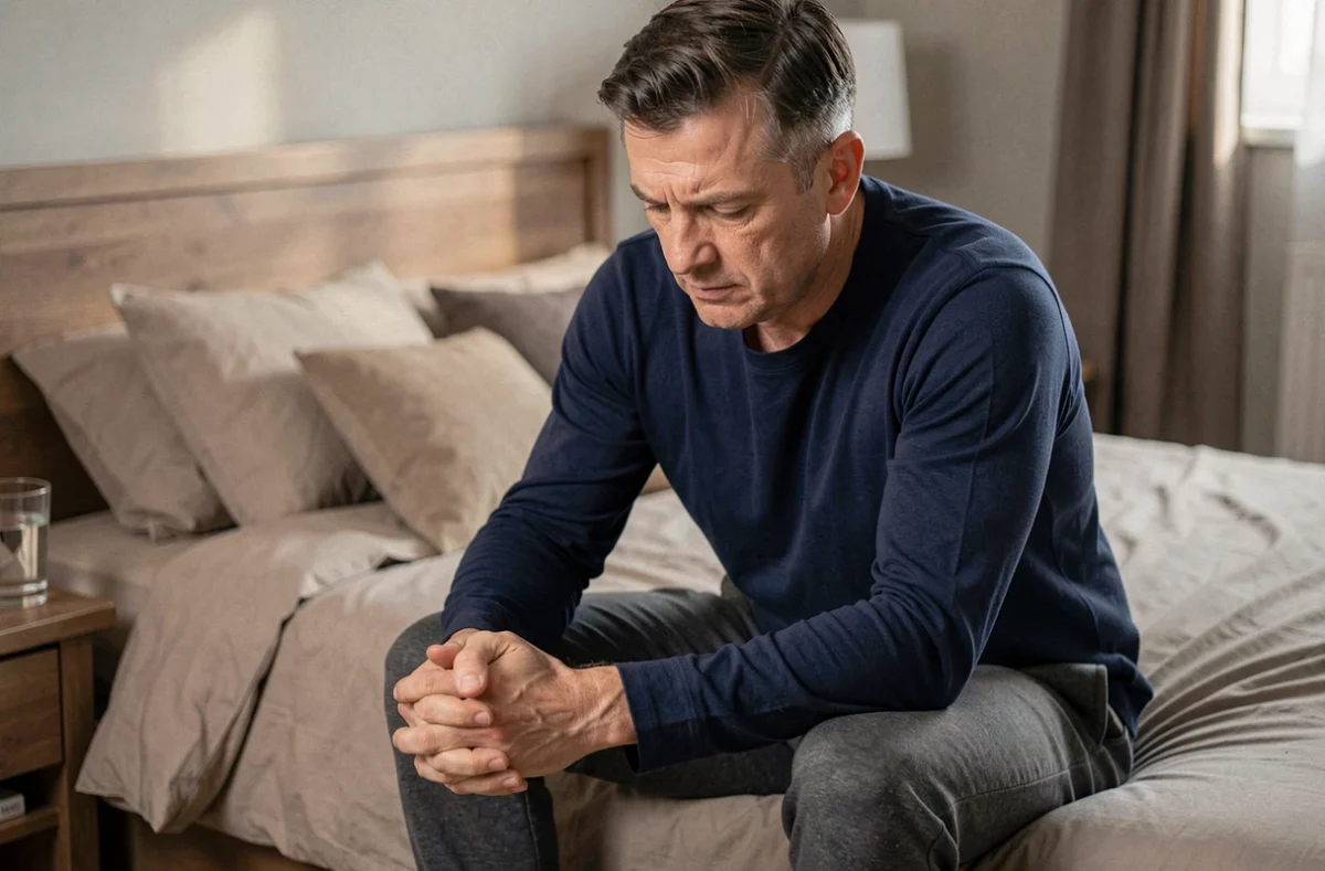 Homme assis sur le bord de son lit avec une expression pensive évoquant les effets secondaires d'un traitement antidépresseur