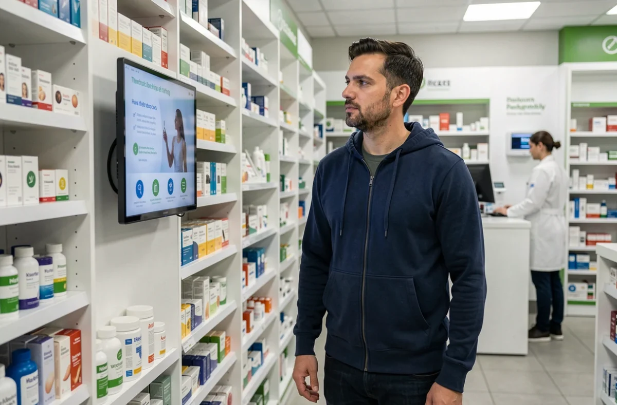 Homme lisant des conseils santé sur une tablette en pharmacie, entouré de produits bien-être
