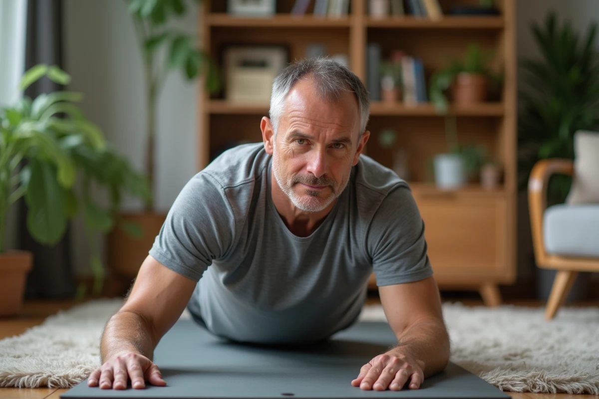Homme d age moyen faisant un exercice de Pilates dans un salon cosy