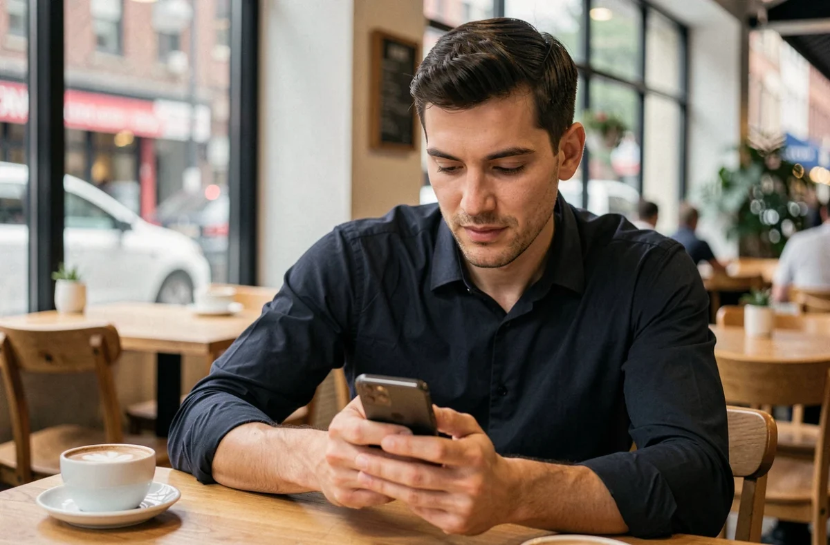 Jeune homme recherchant des options tarifaires abordables pour un coaching en ligne depuis un café urbain