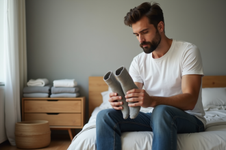 Homme en t-shirt blanc examine des chaussettes usées dans une chambre moderne