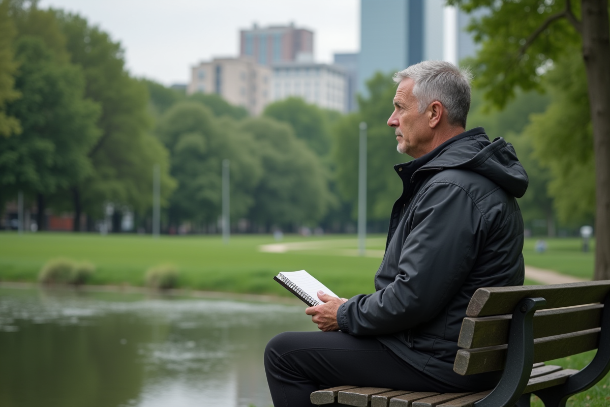 Homme assis sur un banc de parc regardant un étang
