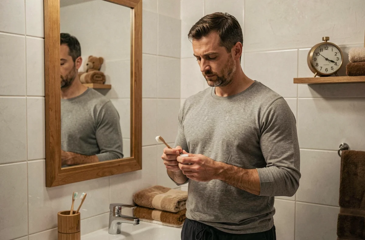 Homme en train de réaliser sa routine du soir dans la salle de bain avant une nuit de sommeil optimisée
