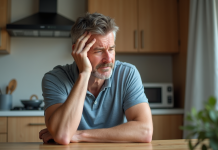 Homme d'âge moyen en réflexion dans la cuisine