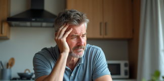 Homme d'âge moyen en réflexion dans la cuisine