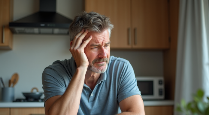 Homme d'âge moyen en réflexion dans la cuisine