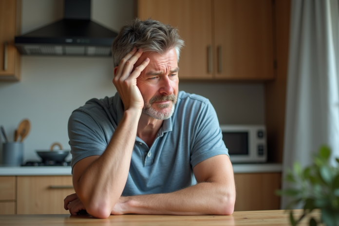 Homme d'âge moyen en réflexion dans la cuisine