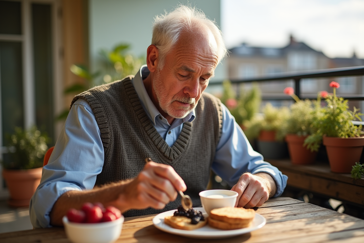 Homme âgé préparant son petit déjeuner sur un balcon ensoleillé