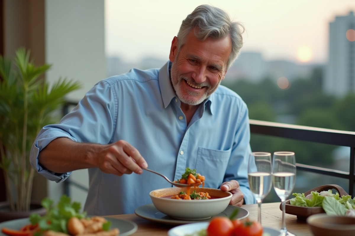 Homme dans la quarantaine servant un stew végétal sur un balcon