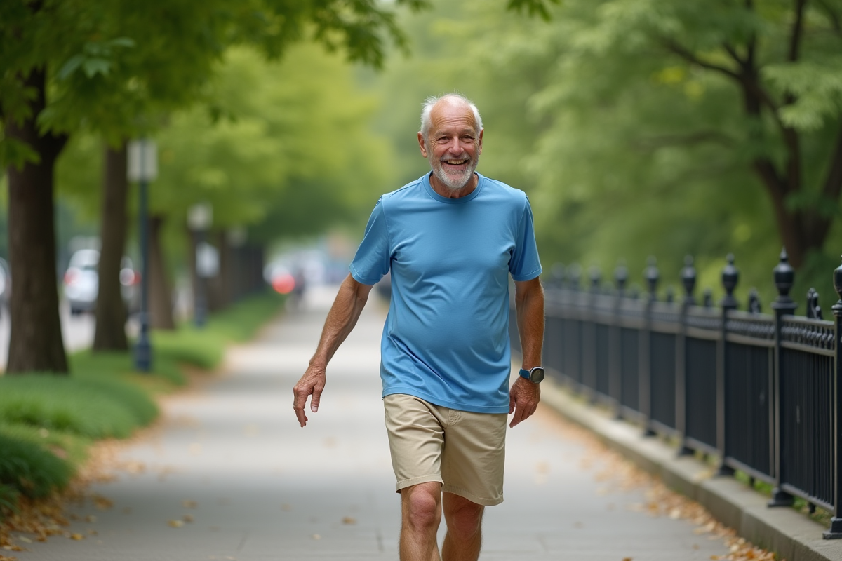 Homme âgé marchant dans un parc urbain verdoyant