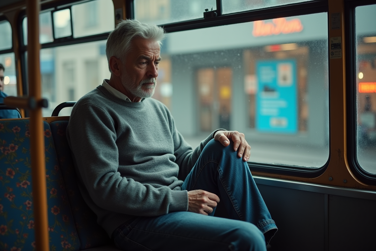 Homme d'âge moyen assis seul dans un bus urbain
