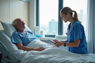 Infirmière en blouse bleue vérifiant un patient âgé