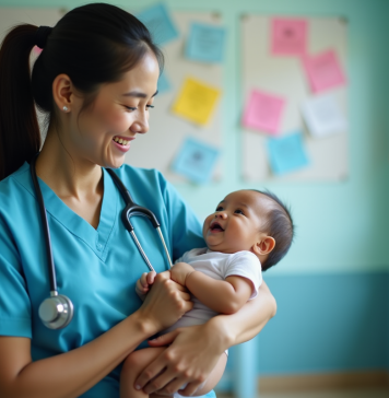 Vaccin 6 en 1 aux Philippines : conseils essentiels pour les parents Infirmière philippine tenant un bébé souriant dans une clinique