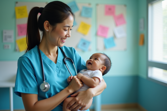 infirmiere-philippine-souriante-bebe Infirmière philippine tenant un bébé souriant dans une clinique