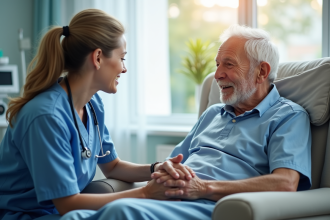 Infirmière en blouse bleue aidant un patient âgé dans une salle lumineuse