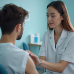 Infirmière en uniforme blanc préparant un vaccin à un jeune homme