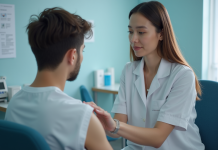 Infirmière en uniforme blanc préparant un vaccin à un jeune homme