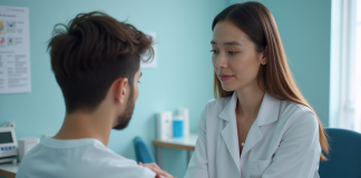 Infirmière en uniforme blanc préparant un vaccin à un jeune homme