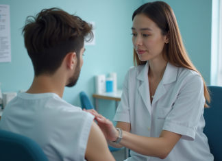 Infirmière en uniforme blanc préparant un vaccin à un jeune homme