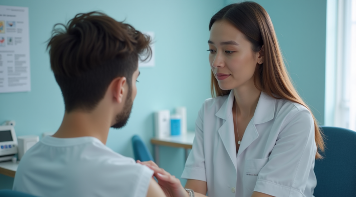 Infirmière en uniforme blanc préparant un vaccin à un jeune homme