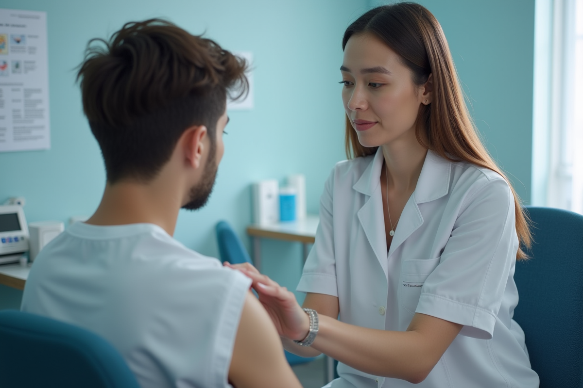 Infirmière en uniforme blanc préparant un vaccin à un jeune homme