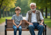 Un jeune garçon et un homme âgé assis sur un banc dans un parc
