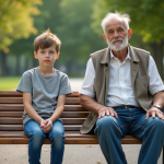 Un jeune garçon et un homme âgé assis sur un banc dans un parc