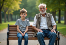 Un jeune garçon et un homme âgé assis sur un banc dans un parc