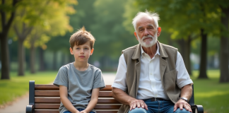 Un jeune garçon et un homme âgé assis sur un banc dans un parc
