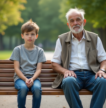 Maladie de Benjamin Button : définition, symptômes et causes décryptés Un jeune garçon et un homme âgé assis sur un banc dans un parc