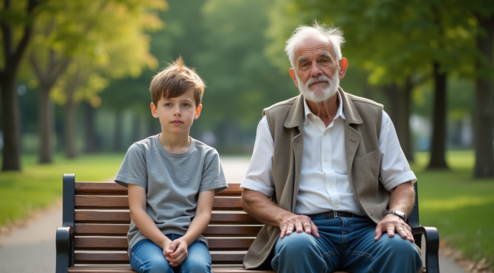 Un jeune garçon et un homme âgé assis sur un banc dans un parc