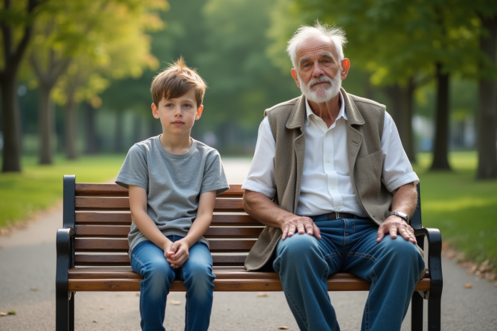 Un jeune garçon et un homme âgé assis sur un banc dans un parc