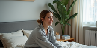 Impact d’une bonne nuit de sommeil sur votre corps : comprendre le rattrapage Jeune femme en pyjama gris se réveillant dans un lit moderne