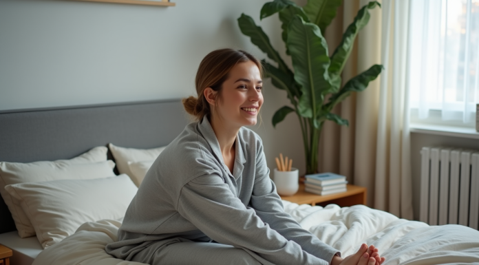 Jeune femme en pyjama gris se réveillant dans un lit moderne