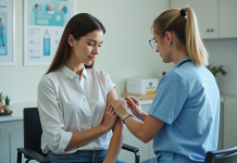 Jeune femme recevant un vaccin dans une clinique moderne