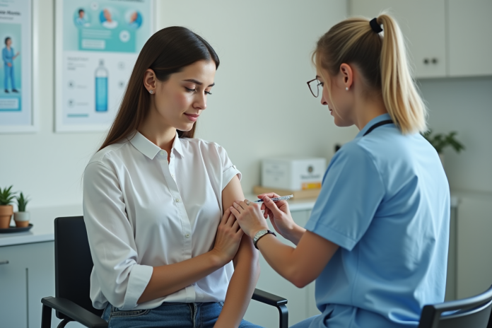 jeune-femme-vaccination-clinique Jeune femme recevant un vaccin dans une clinique moderne