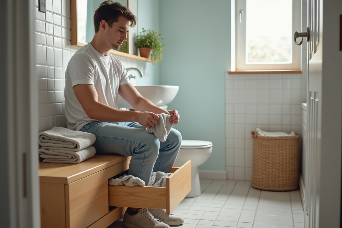 Jeune homme en casual sort des chaussettes d’un tiroir dans la salle de bain lumineuse