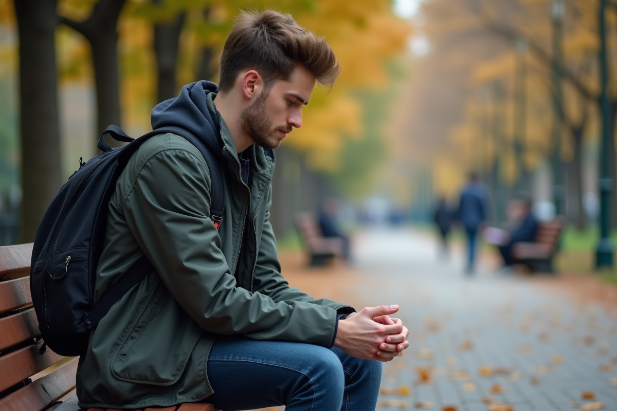 Jeune homme assis sur un banc dans un parc urbain