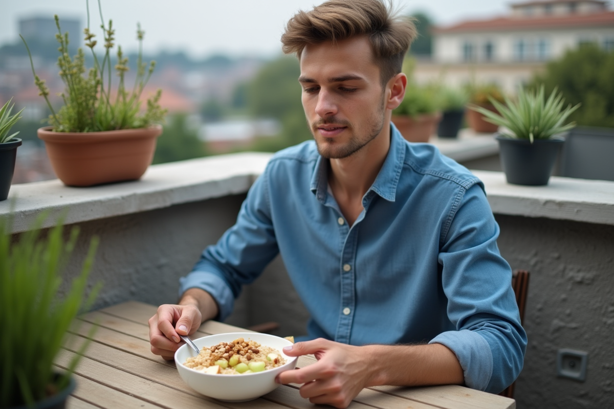 Jeune homme dégustant un bol de porridge en extérieur