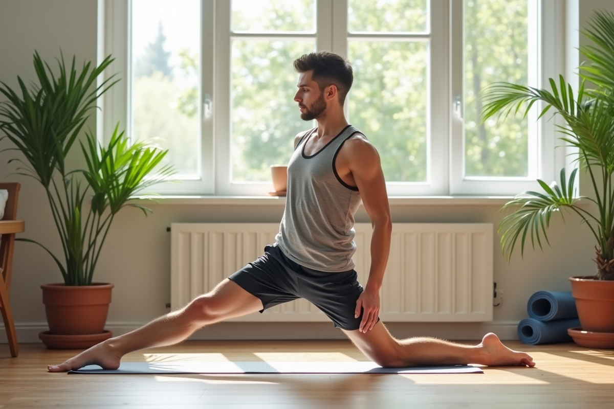 Jeune homme faisant des étirements dans un salon lumineux