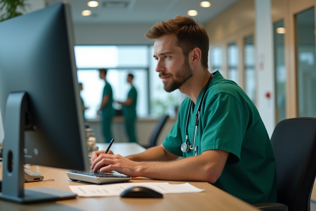 Jeune infirmier en blouse verte travaillant au bureau