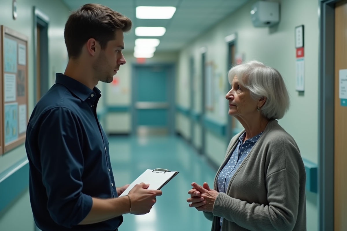 Jeune psychiatre discutant avec une femme âgée dans un couloir hospitalier