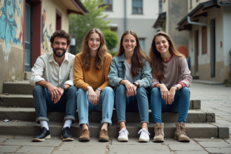 Groupe de jeunes adultes assis sur des escaliers en plein air