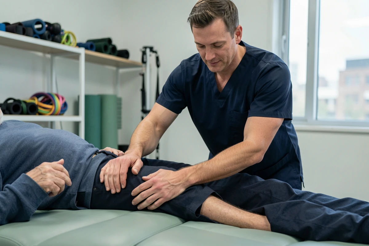 Kinésithérapeute guidant un patient âgé lors d'un exercice de rééducation de la hanche après fracture du bassin