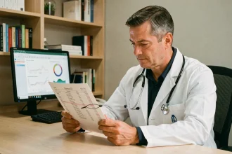 Médecin analysant les résultats d'une prise de sang avec les taux de Gamma GT d'un patient adulte dans un cabinet médical moderne