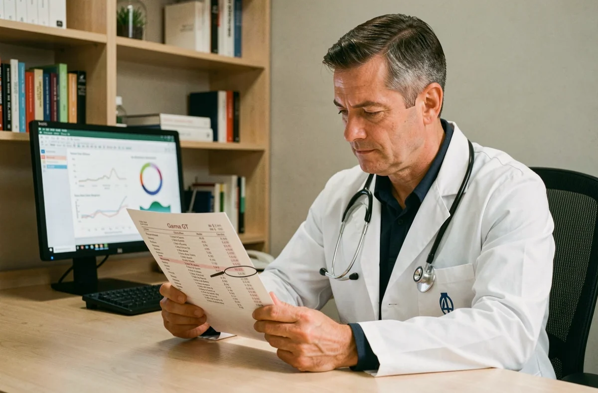 Médecin analysant les résultats d'une prise de sang avec les taux de Gamma GT d'un patient adulte dans un cabinet médical moderne