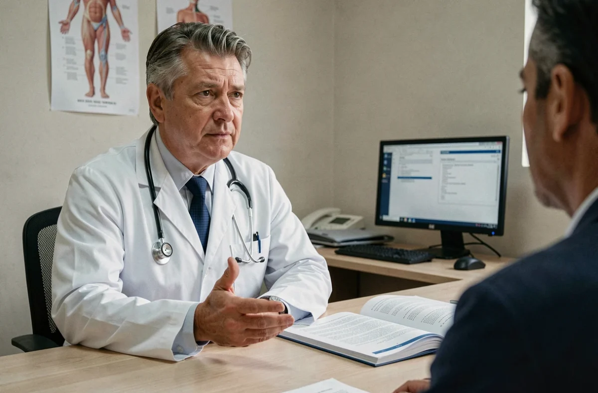 Médecin en consultation expliquant la durée d'incubation de la grippe à un patient dans un cabinet médical