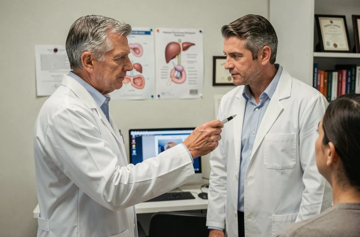 Médecin expliquant à un patient la localisation du foie sur un schéma anatomique lors d'une consultation pour douleur abdominale droite