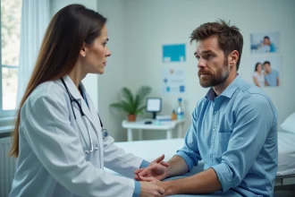 Medecin femme rassurant un jeune homme en consultation