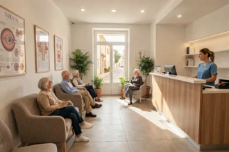 Salle d'attente moderne d'un cabinet ophtalmologique dans le Var, avec des patients assis et une réceptionniste en blouse